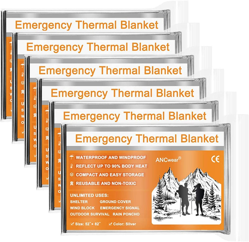  [AUSTRALIA] - ANCwear Emergency Blankets, Foil Mylar Thermal Blankets Space Blanket 52"x82" for Outdoors,Hiking,Survival,or First Aid 6 Pack Silver