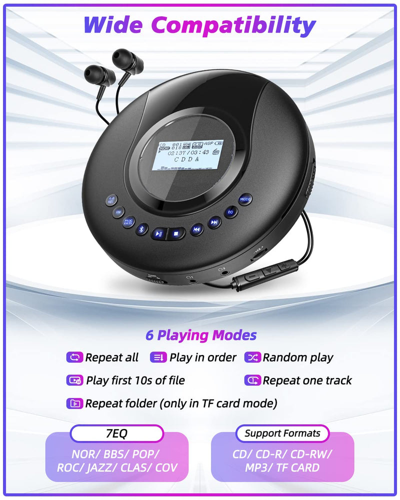  [AUSTRALIA] - CD Player Portable ARAFUNA, Portable CD Player Bluetooth with FM Radio, 2000mAh Rechargeable CD Player for Car with LCD Screen, Anti Shock Protection Walkman CD Player with Headphone, AUX Cable Black