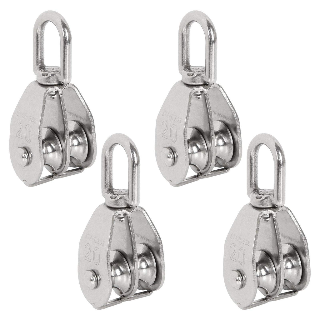  [AUSTRALIA] - ZOEYES 4 Pack M20 Lifting Double Pulley Block Stainless Steel Heavy Duty Crane Swivel Hook Double Pulley Roller