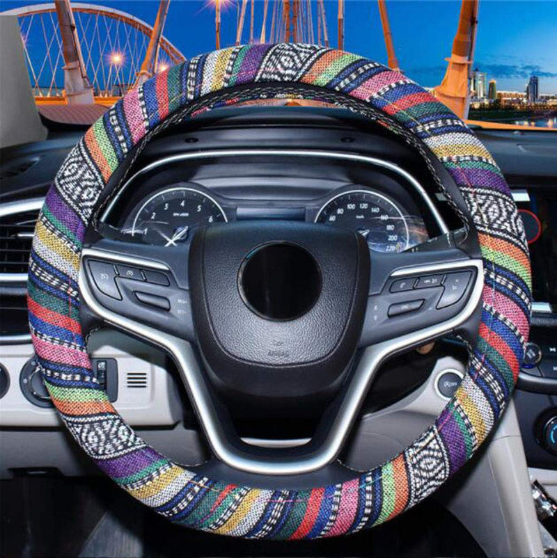  [AUSTRALIA] - Carmen Linen Car Steering Wheel Cover Boho Ethnic Style Corase Linen 15 Inch/38cm Universal Steering Grip Protector Auto Interior Accessories (B) B