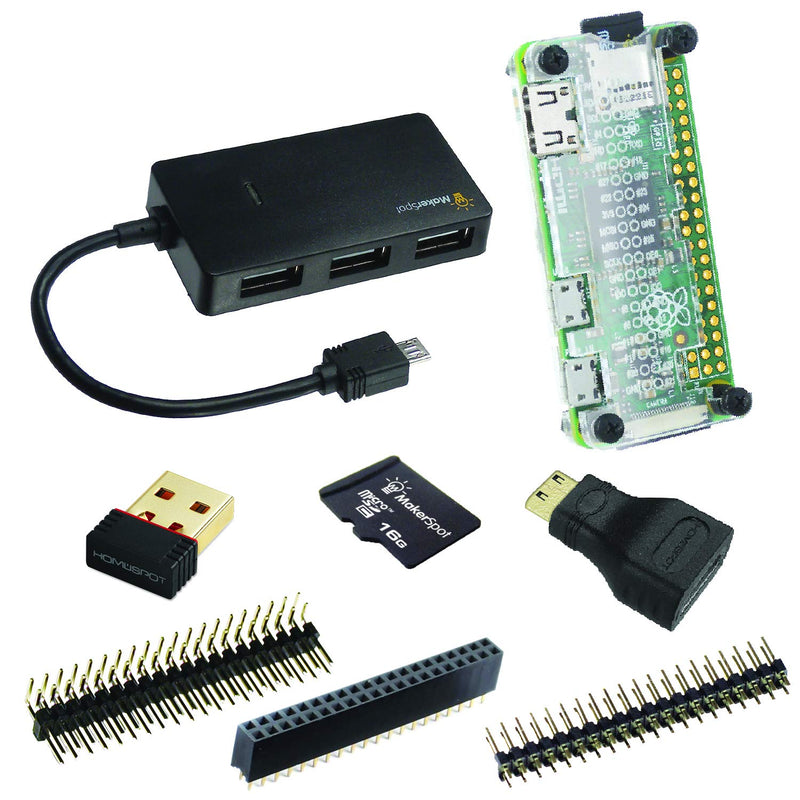  [AUSTRALIA] - MakerSpot 8-in-1 Raspberry Pi Zero W Mega Pack (no PiZero Board) with 16GB Micro SD Card, 4-Port OTG USB Hub, Pin Headers, Mini HDMI Adapter, Transparent Acrylic Protector Cover Case & WiFi Dongle 8-in-1 Mega Pack