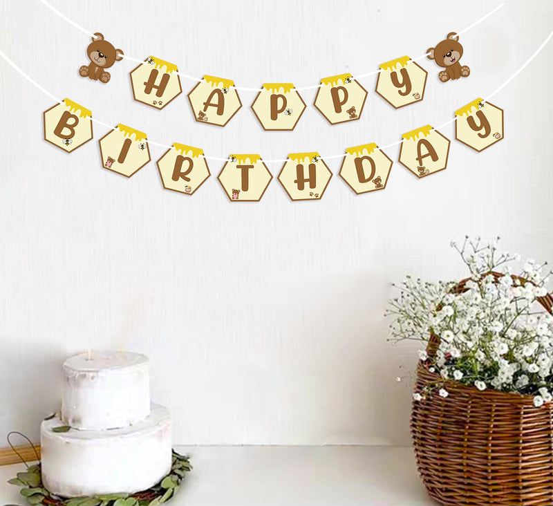  [AUSTRALIA] - Bear Happy Birthday Banner, Teddy Bear Theme Bday Party Pennant Decor, Cute Honeycomb Birthday Sign for Daughter Son Bear Theme Banner