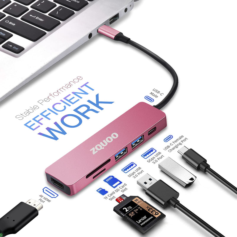  [AUSTRALIA] - USB C Hub,6 in 1 USB C to HDMI Multiport Adapter Compatible for USB C Laptops Nintendo and Other Type C Devices (4K HDMI USB3.0 SD/TF Card Reader 55W PD) (Pink) Pink-01-F1