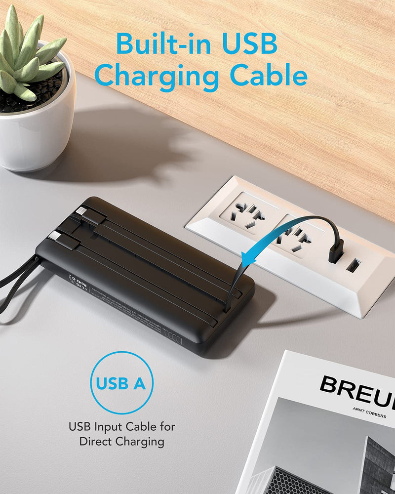  [AUSTRALIA] - Portable Charger with Built in Cables, 10000mAh Ultra Slim USB C Power Bank with 4 outputs, External Battery Pack Compatible with iPhone/iPad/Samsung Galaxy and Other Smart Devices(Black) 10000mAh Black