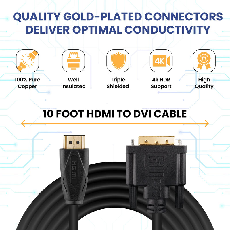  [AUSTRALIA] - DVI to HDMI Cable 10ft Long, HDMI to DVI Bi-Directional Adapter, HDMI Male to DVI-D 24+1 Male, Support 1080P HD Compatible with Raspberry Pi, Roku, Xbox One, PS5, Graphics Card, Blue-ray, DVD 10 FT Black