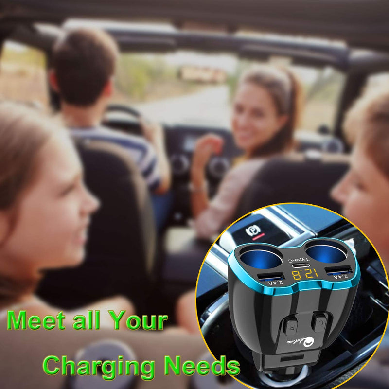  [AUSTRALIA] - USB C Car Charger, Cigarette Lighter Splitter Adapter 2 Socket Type C Multi Power Outlet 12V/24V 80W DC with LED Voltmeter Switch 5.8A Dual USB Port for Mobile Cell Phone GPS Dash Cam