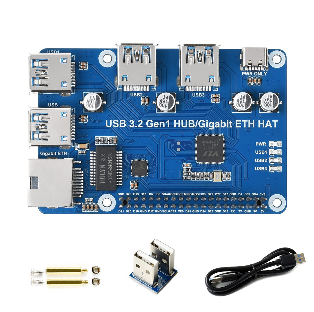  [AUSTRALIA] - Waveshare 3 Ports USB 3.2 Gen1 Hub HAT for Raspberry Pi, with 1000M/100M/10M Gigabit Ethernet Port, USB 3.2 Gen1 Ports Compatible with USB 3.0 / 2.0 /1.1, Driver-Free, Plug & Play USB 3.2 Gen1 HUB Gigabit ETH HAT