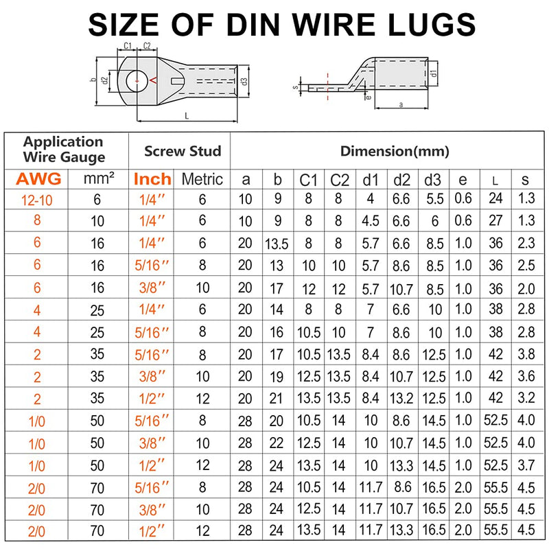  [AUSTRALIA] - AIRIC 2/0 Gauge Wire Lugs 1/2" Stud (M12), 4pcs UL Heavy Duty Cable Lugs Large Battery Cable Ends, Tinned Copper Tubular Lugs 2/0 AWG Ring Terminal Connectors DIN 46235, with 3:1 Heat Shrink Tubing 2/0 AWG 1/2" STUD (M12)