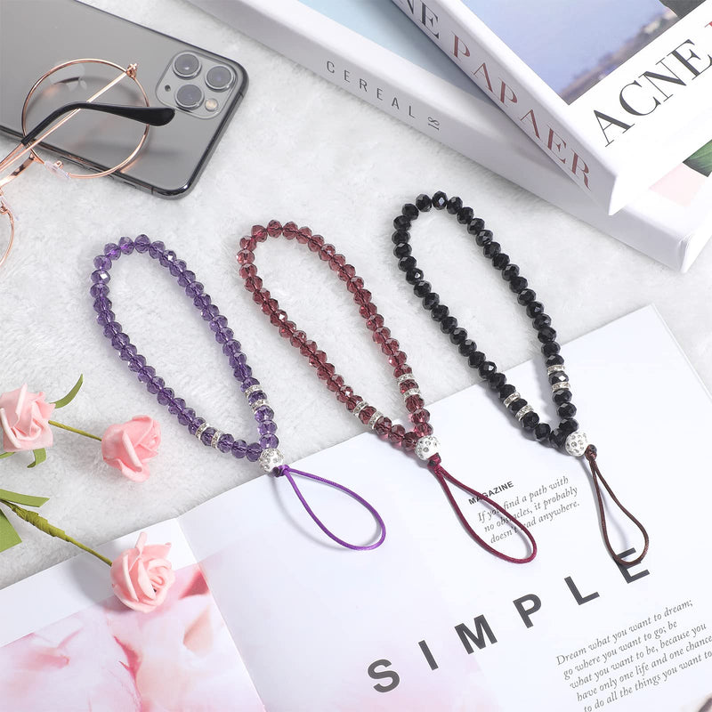  [AUSTRALIA] - 3 Pieces Cell Phone Lanyard Strap Phone Charm Bling Crystal Beads Hand Wrist Lanyard Strap Beaded Women's Wristlet Black, Purplish Red, Purple