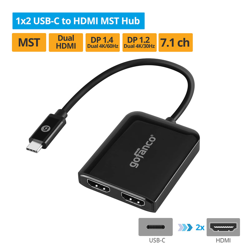  [AUSTRALIA] - gofanco USB-C to 2 Port HDMI Displays MST Hub – USB-C to Dual HDMI Displays, Extended Display Mode, 4K @60Hz, Thunderbolt 3 & 4 Compatible, for Windows, No Mac OS, DP Alternate Mode (USBCMST2HD-4K60) USB-C to 2x HDMI