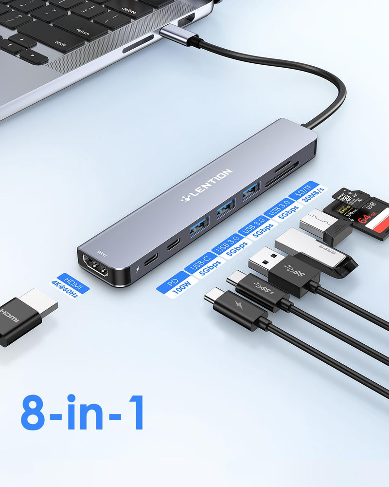  [AUSTRALIA] - LENTION 8-in-1 USB-C Hub with 4K 60Hz HDMI, 100W Power Delivery, 5Gbps USB C Data, 3 USB 3.0 and microSD & SD Card Reader for 2023-2016 MacBook Pro, New Mac Air/Surface, More (CB-CE18s, Space Gray)