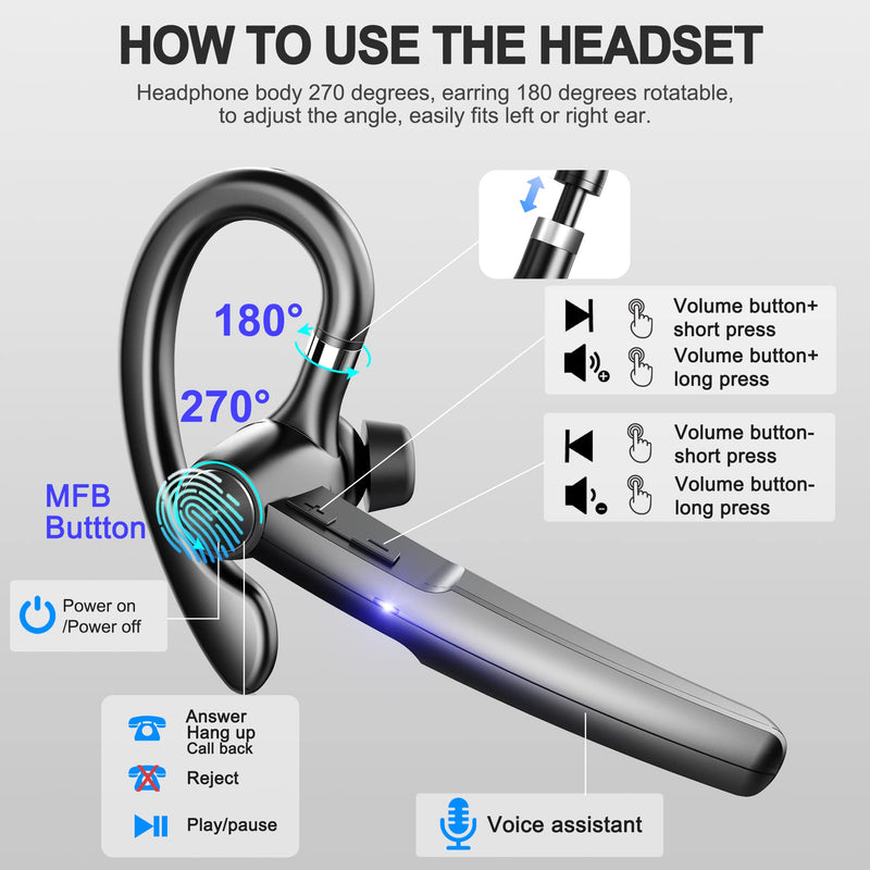  [AUSTRALIA] - Bluetooth Headset with Microphone,48Hrs V5.3 Handsfree Wireless Headset Bluetooth Earpiece for Cell Phone/Business/Office/Driving/Trucker Driver,Bluetooth Headphones Earbuds for iPhone Android Samsung Black