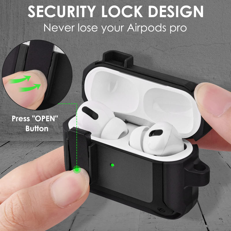  [AUSTRALIA] - Filoto AirPods Pro Case, US Patent Secure Lock Shockproof Protective Apple Airpod Pro Cover Cool TPU Case for Air Pod Pro Wireless Charging Case with Carabiner Keychain Accessories (Black) Black