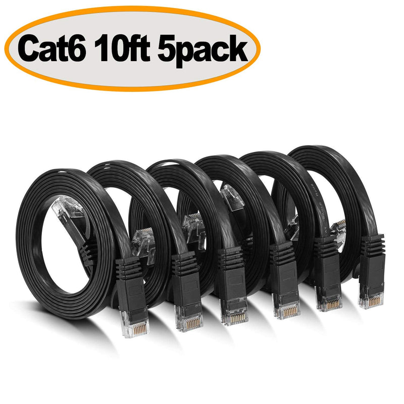  [AUSTRALIA] - Cat6 Ethernet Cable 10 Ft (5Pack), Outdoor&Indoor, 10Gbps Support Cat7 Network, Heavy Duty Flat LAN Internet Patch Cord, Solid Weatherproof High Speed Cable for Router, Modem, Switch, Xbox, PS4, Black