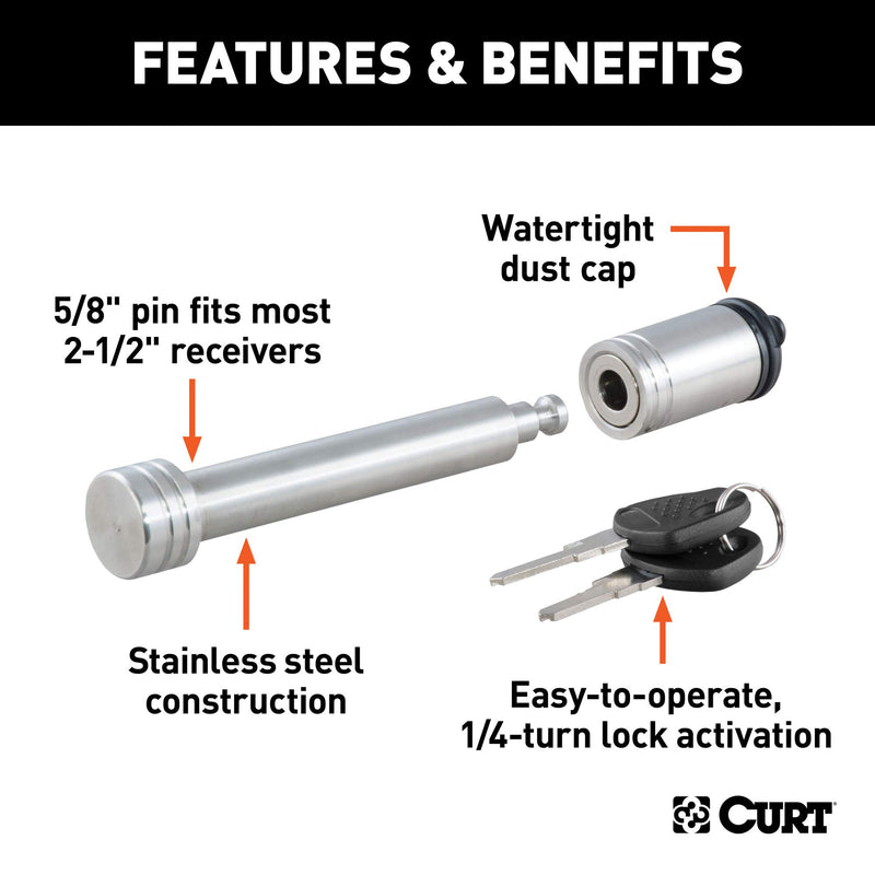  [AUSTRALIA] - CURT 23519 Stainless Steel Trailer Hitch Lock  5/8-Inch Pin Diameter  Fits 2-Inch or 2-1/2-Inch Receiver