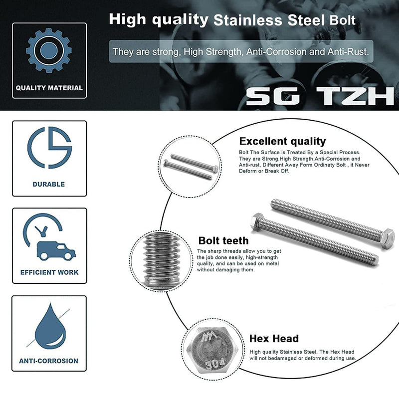  [AUSTRALIA] - 5/16-18 x 3" Hex Head Screw Bolt, 10Pcs 18-8 (304) Stainless Steel, Fully Threaded, Plain Finish, by SG TZH 10 5/16-18 x 3"
