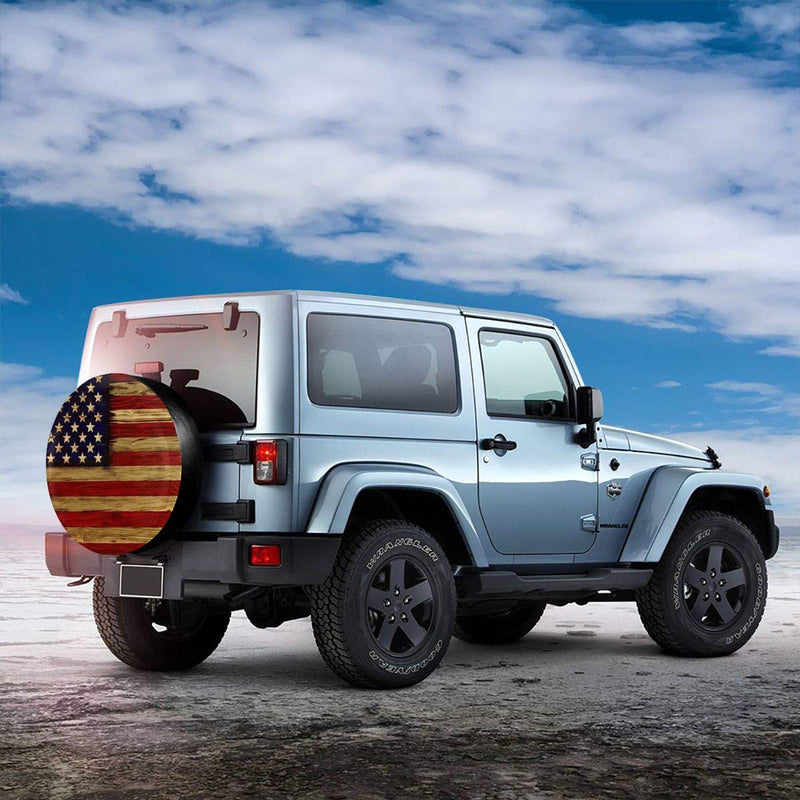  [AUSTRALIA] - Tire Cover American Flag Reclaimed Wood Potable Polyester Universal Spare Wheel Tire Cover Wheel Covers for Jeep Trailer RV SUV Truck Camper Travel Trailer Accessories 15 Inch
