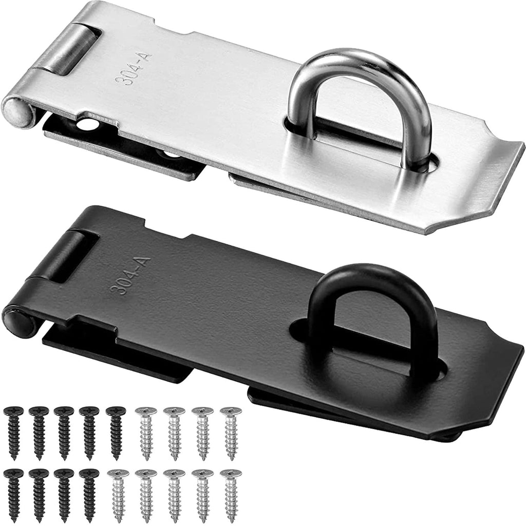  [AUSTRALIA] - 2 Pack Door Locks Hasp Latch, 304 Stainless Steel Padlock Hasp Latch Lock, 4 inch Hasps for Padlocks, Padlock Latch Polished Brushed Surface Extra Thick Gate Lock Hasp with Screws (Silver and Black)