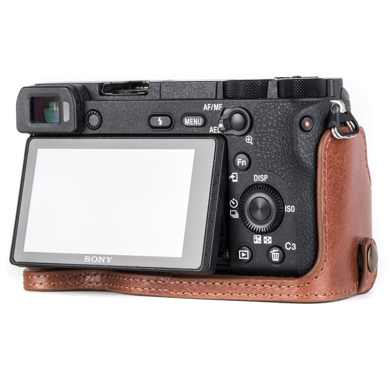  [AUSTRALIA] - MegaGear MG1204 Sony Alpha A6500 Ever Ready Genuine Leather Camera Half Case & Strap with Battery Access, Dark Brown