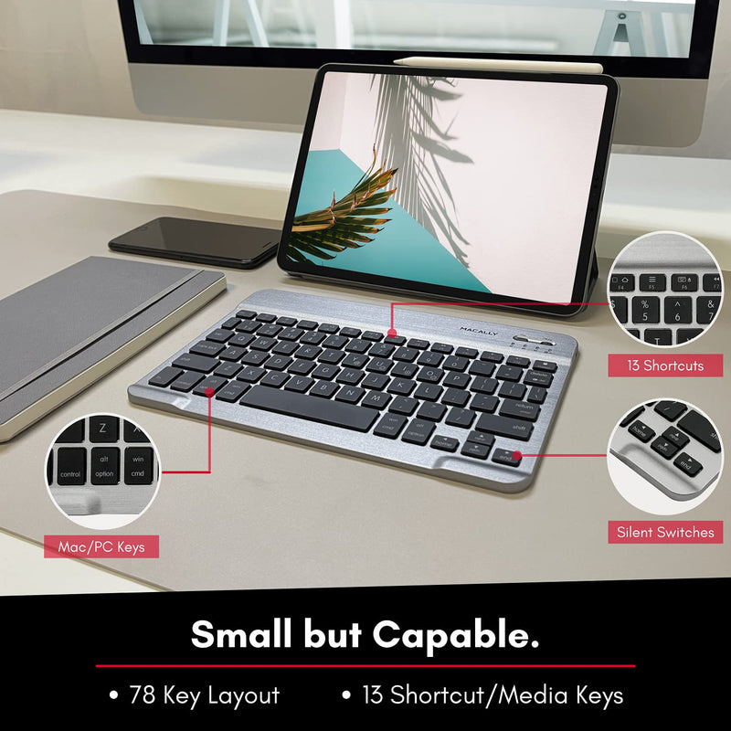  [AUSTRALIA] - Macally Small Bluetooth Keyboard Backlit - Sleek, Universal, and Rechargeable - Wireless Multi Device Keyboard for iPad, Mac, PC, or Android Tablet - 7 Backlit Colors and 78 Keys - Space Gray