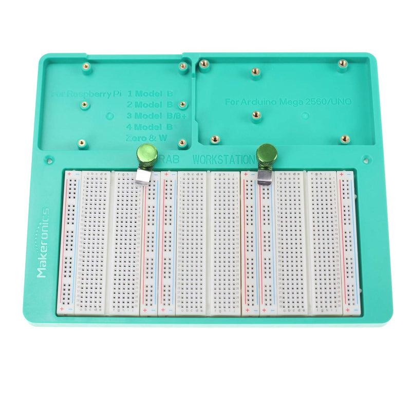  [AUSTRALIA] - Makeronics 7 in 1 Green RAB Holder for Raspberry Pi | Arduino | Solderless Breadboard, Base Plate with Rubber Feet for Raspberry Pi 4 Model B|3B+/B|2B+/B|Zero |Zero W and Arduino Mega 2560 | Uno R3