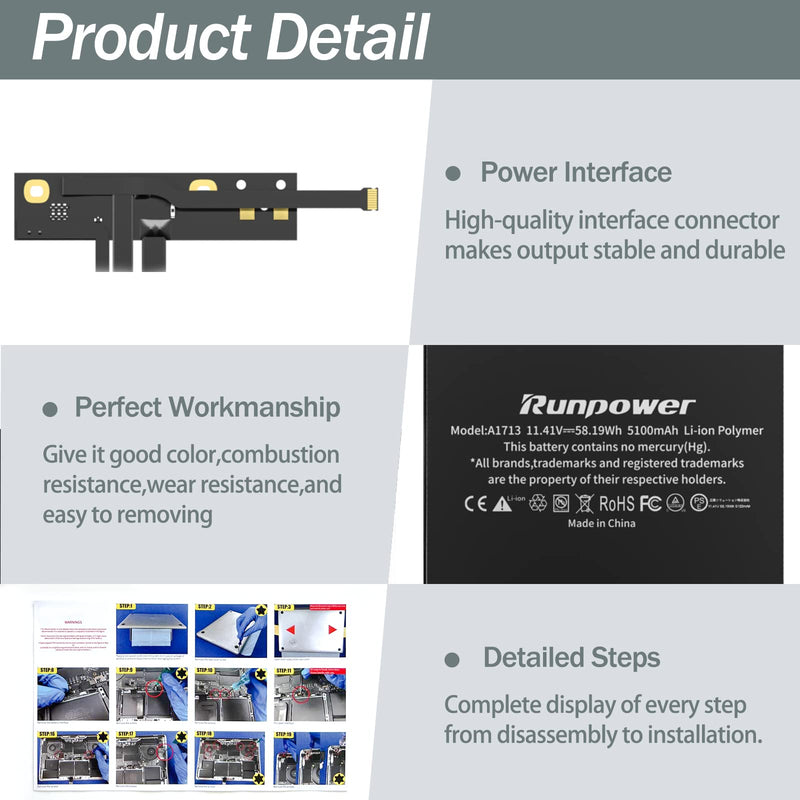  [AUSTRALIA] - A1708 Battery,Runpower A1713 A2171 Replacement Laptop Battery is Compatible with MacBook Pro 13 inch A1708(Late 2016, mid 2017) A2159 (2019) A2289 A2338 (2020) Battery 11.41V 58.19WH 5100mAh