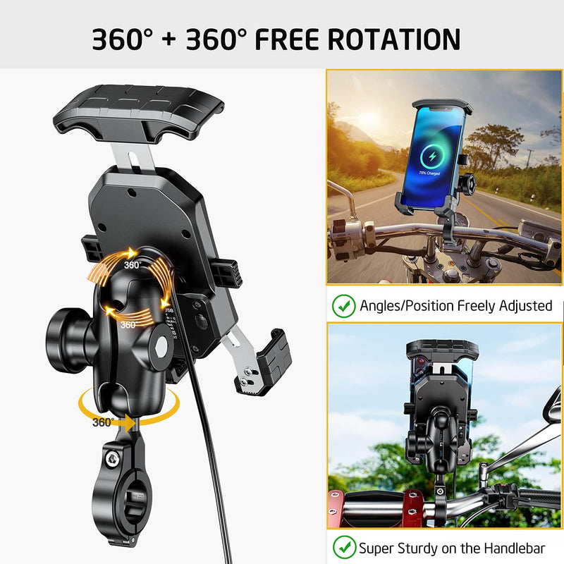  [AUSTRALIA] - iMESTOU Anti-Theft Motorcycle Wireless Phone Mount Charger 15W & USB C 3A Handlebar 1" Ball Stem Phone Holder Works with 12V/24V Vehicle/USB Socket 720 Rotation Quick Charge for 4.0-7.0" Cellphones Double Socket Arm-Wireless & USB C Charge