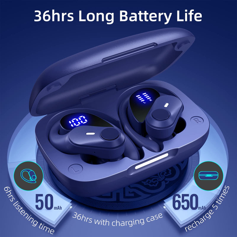  [AUSTRALIA] - GOLREX Bluetooth Headphones Wireless Earbuds 36Hrs Playtime Wireless Charging Case Digital LED Display Over-Ear Earphones with Earhook Waterproof Headset with Mic for Sport Running Workout Blue