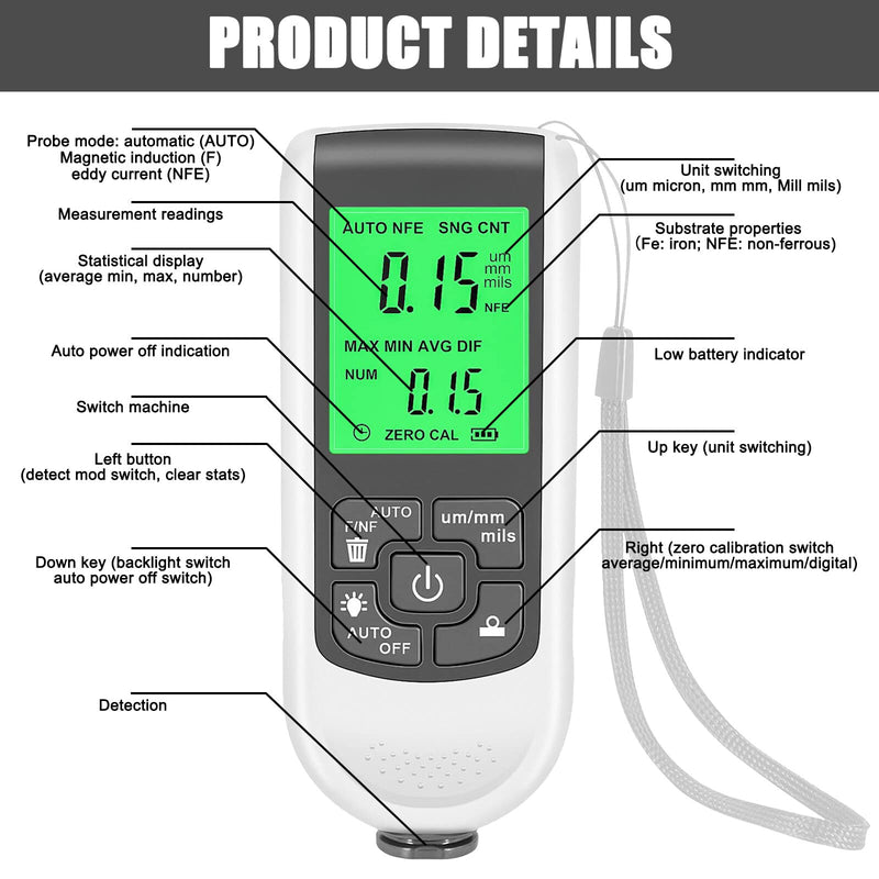  [AUSTRALIA] - Car paint thickness gauge: paint thickness gauge for cars, coating thickness gauge with backlight, digital LCD display, paint layer thickness gauge, car paint tester, measuring range 0 to 2000um