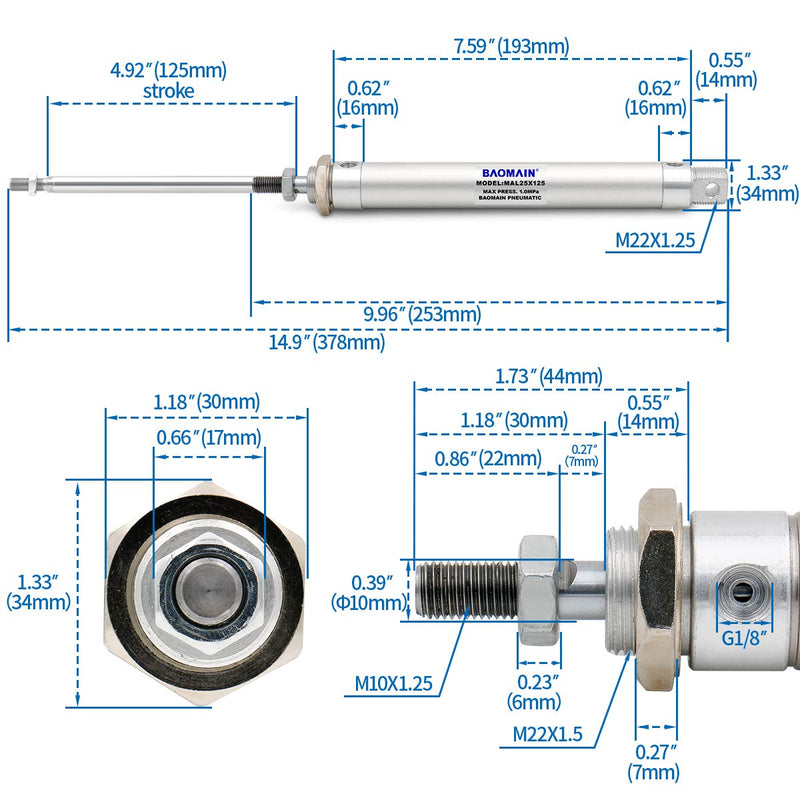 Baomain Mini Pneumatic Air Cylinder MAL 25 X 125 Single Male Thread Rod Dual Action 25mm(1 inch) Bore 125mm(5 inch) Stroke - LeoForward Australia