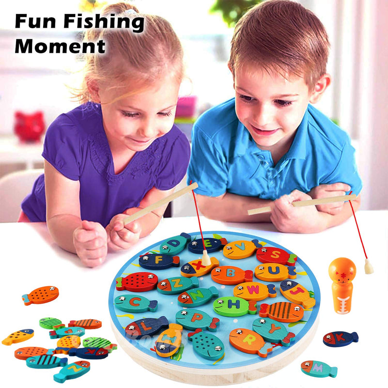 CozyBomB Magnetic Wooden Fishing Game Toy for Toddlers - Alphabet Fish Catching Counting Preschool Board Games Toys for 3 4 5 Year Old Girl Boy Kids Birthday Learning Education Math with Magnet Poles Large - LeoForward Australia