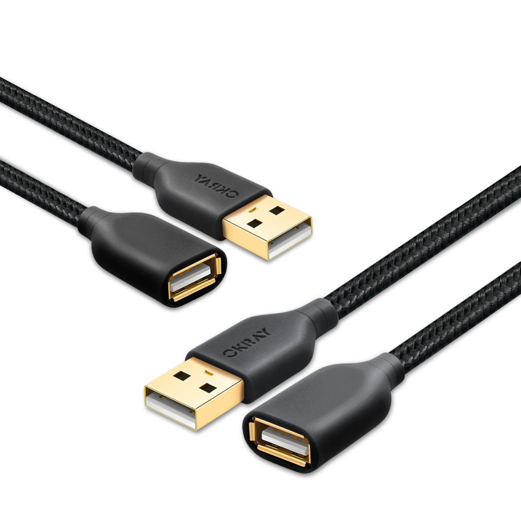  [AUSTRALIA] - USB Extension Cable 10FT, OKRAY 2 Pack Nylon Braided USB 2.0 Extender Cable Cord - A Male to A Female with Gold-Plated Connector Compatible for USB Flash Drive, Mouse, Keyboard, Printer (Black Black) Black Black