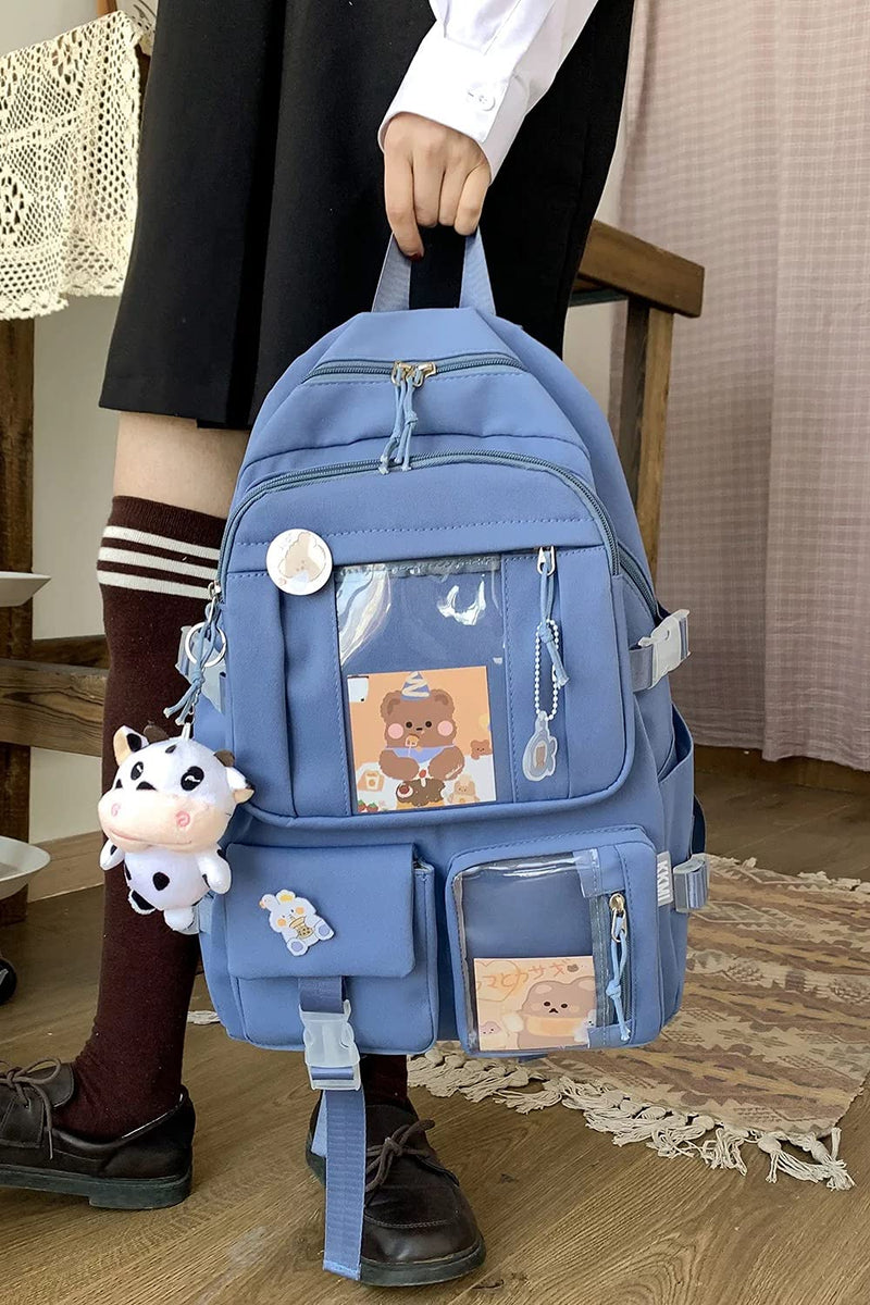  [AUSTRALIA] - Kawaii Backpack with Pins Kawaii School Backpack Cute Aesthetic Backpack Cute Kawaii Backpack for School (Blue,With Accessories) With Accessories Blue