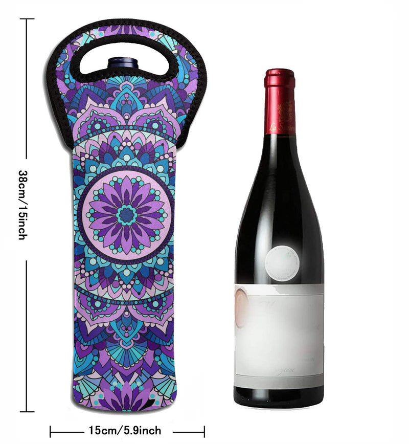  [AUSTRALIA] - MSGUIDE Wine Carrier Tote Bags, Insulated Neoprene Wine/Water/Beer Bottle Holder, Portable Single Wine Bag with Handles for Home Travel and Picnic, Bohemian Lotus