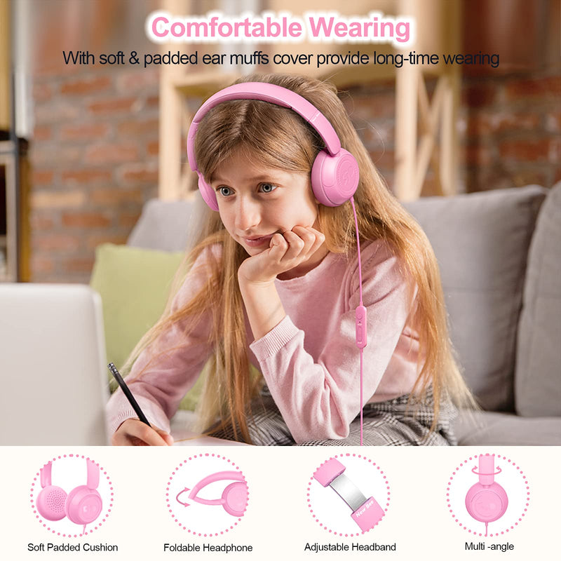  [AUSTRALIA] - Kids Headphones for School with Microphone New bee HD Stereo Safe Volume Limited 85dB/94dB Foldable Lightweight On-Ear Headphone for Girls/PC/Mac/Kindle/Tablet/Pad (Pink, Include USB-c Adapter) Pink
