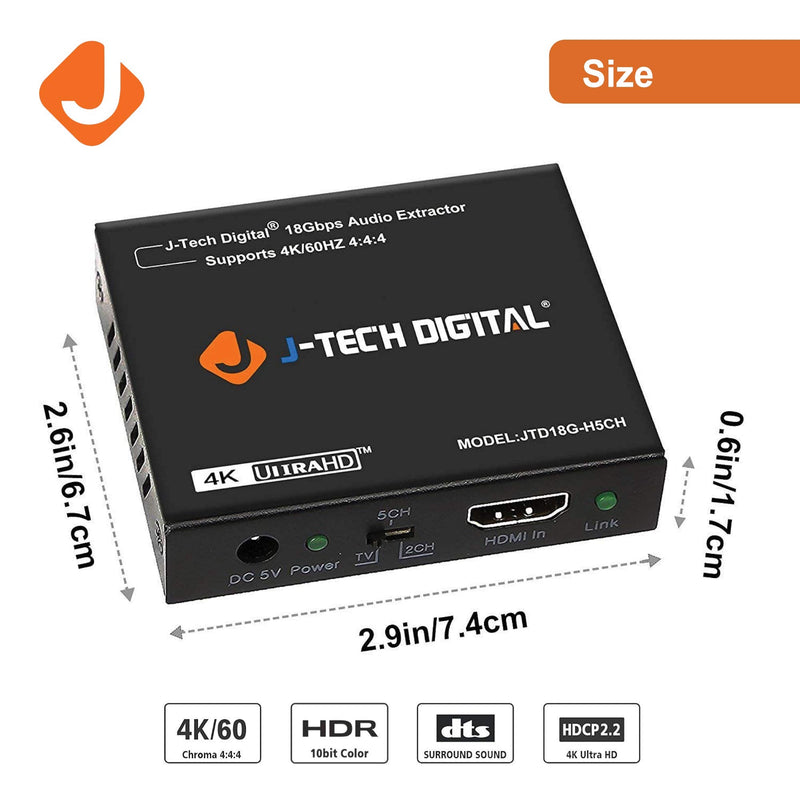  [AUSTRALIA] - J-Tech Digital 4K 60HZ HDMI Audio Extractor Converter SPDIF + 3.5MM Output Supports HDMI 2.0, 18Gpbs Bandwidth, HDCP 2.2, Dolby Digital/DTS Passthrough CEC, HDR10 [JTD18G-H5CH]