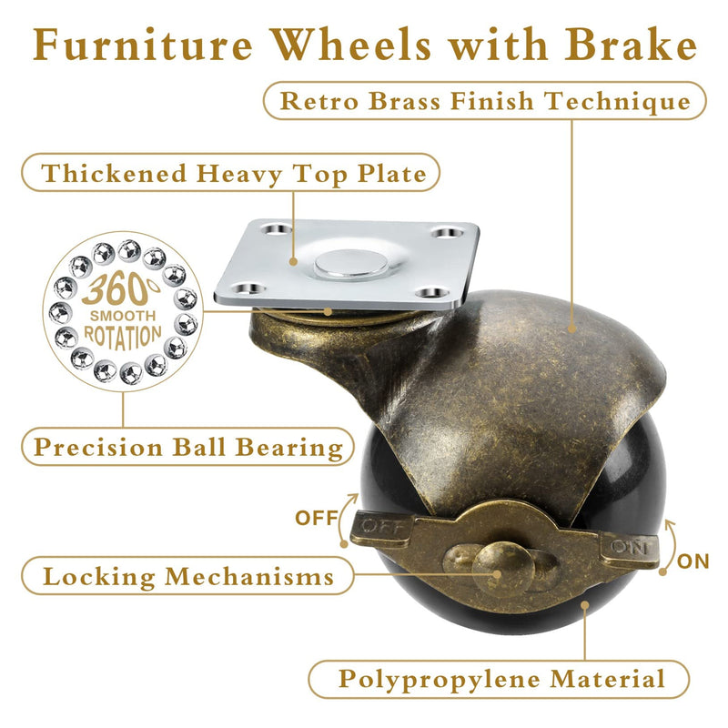  [AUSTRALIA] - Swivel Ball Casters,Furniture Ball Caster Wheels 1.5 Inch,Ball Casters Set of 4 with Brake,Vintage Wheels for Furniture Ottoman (Mounting Height 2-1/8") 4-pack (with Brake)