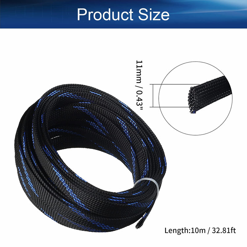  [AUSTRALIA] - Bettomshin 1Pcs 32.8Ft PET Braided Cable Sleeve, Width 14mm Expandable Braided Sleeve for Sleeving Electric Wire Electric Cable Black and Blue 32.8Ft(14mm Width）