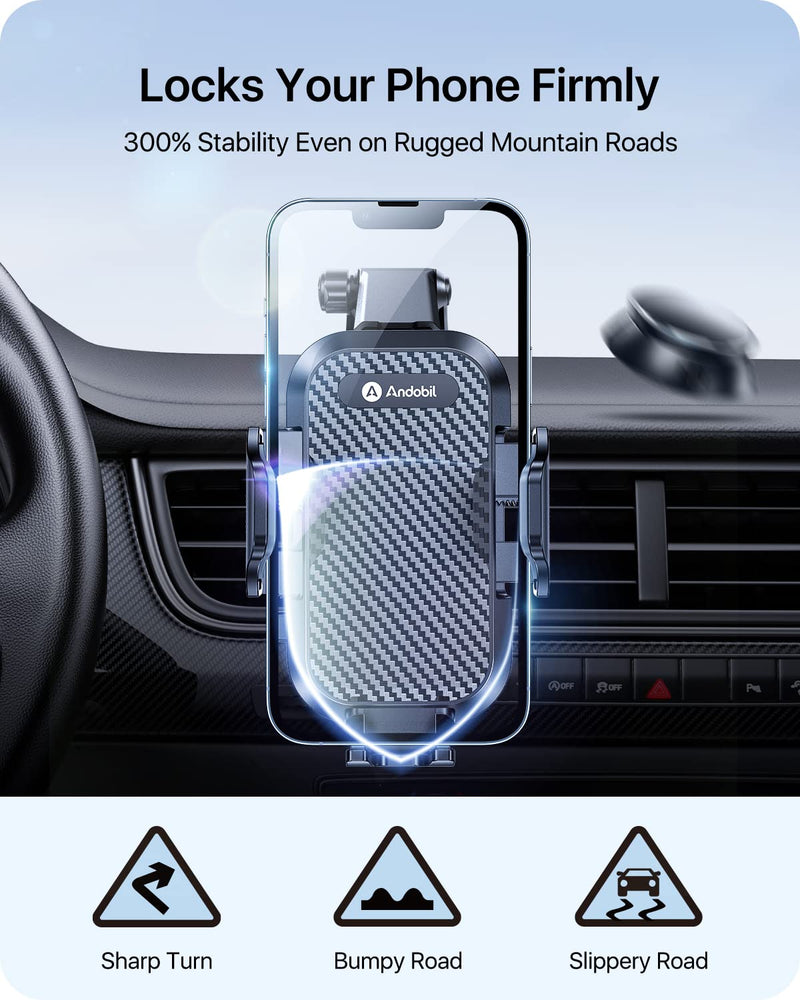  [AUSTRALIA] - andobil Phone Mount for Car (Bumpy Roads Friendly) Cell Phone Holder Car — Easy Clamp Hands-Free Universal — Compatible with Dashboard-Windshield-Vent iPhone 14 13 12 Pro Max, Samsung S23 All Phones Balck