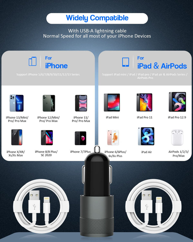  [AUSTRALIA] - [Apple MFi Certified] iPhone Car Charger,3.4a Fast Charge Dual Port USB Cargador Carro Lighter Adapter USB Car Charger iPhone Metal Cigarette Lighter [2Pack] Lightning Cable for iPhone/iPad/Airpods