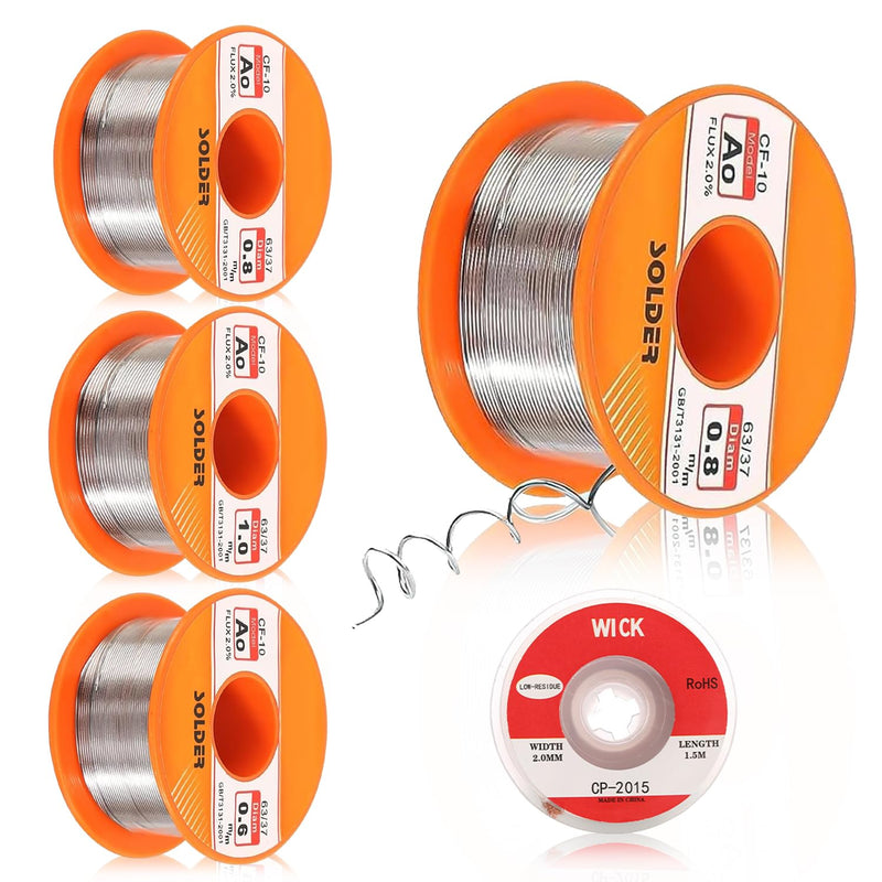  [AUSTRALIA] - ZIOYA solder 5 pieces 50g solder with rosin core solder with lead-containing flux 0.6/0.8/1 mm with desoldering braid (2.5mm/1.5m) for DIY welding work and electrical repairs