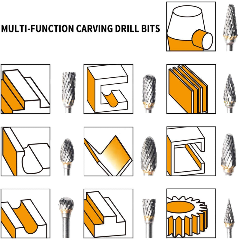 Canitu 10Pcs Rotary Burr Set Tungsten Steel Carbide Burrs Double Cut Die Grinder Bits Rotary Tool Accessories for Wood Carving Tools, Metal Engraving, Polishing, Drilling | 1/8" Shank, 1/4" Head - LeoForward Australia