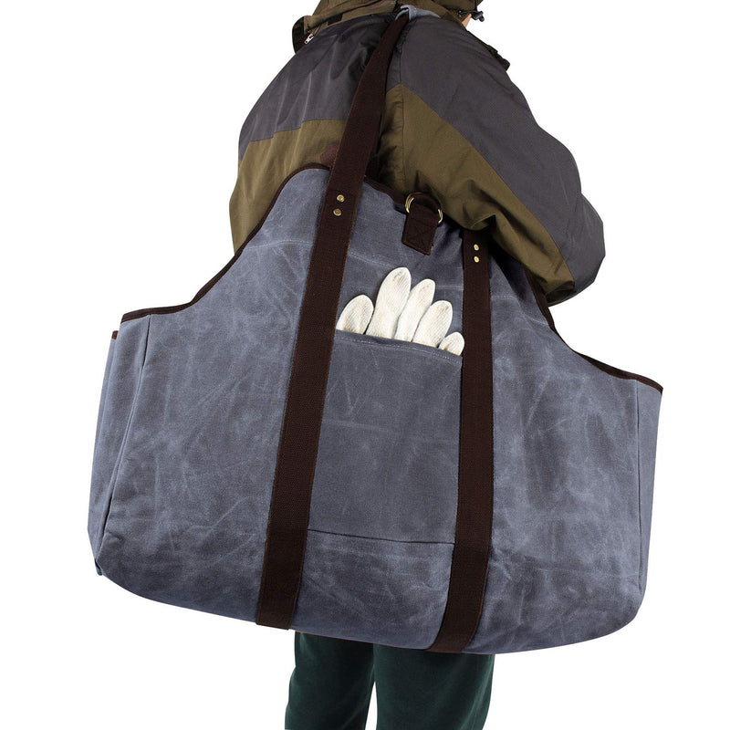  [AUSTRALIA] - MyFirePlaceDirect Waxed Canvas Log Carrier Tote Bag, Extra Large Durable Firewood Holder with Handles and Shoulder Strap, Heavy Duty Wood Carrying Bag for Fireplaces Grey