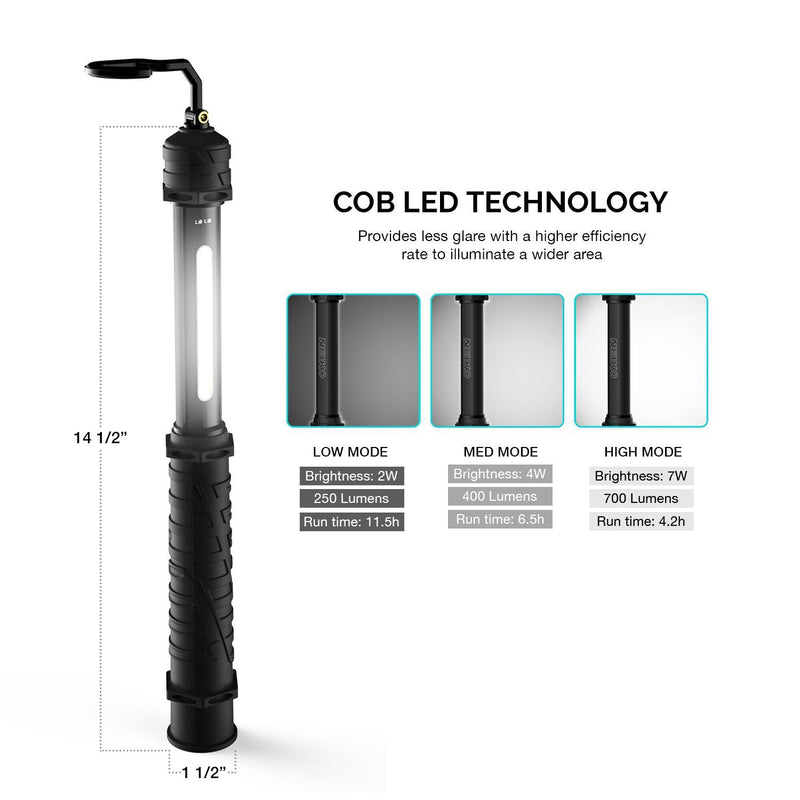 NEIKO 40339A Cordless COB LED Work Light | Max 700 Lumens | 11.5 Hour Run Time | Rechargeable 4,400 mAh Li-ion Battery | USB Charging | 3 Modes: 700, 400, 250 Lumens | Magnetic Hooks - LeoForward Australia