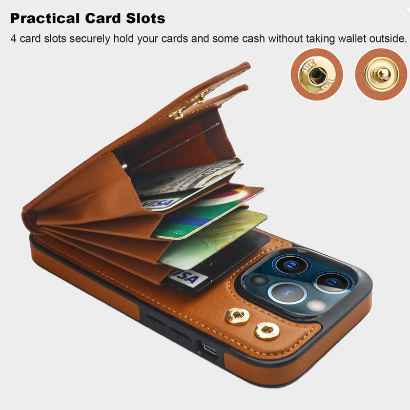  [AUSTRALIA] - Folosu Compatible with iPhone 13 Pro Case Wallet with Card Holder, 360°Rotation Finger Ring Holder Kickstand Protective RFID Blocking PU Leather Double Buttons Flip Shockproof Cover 6.1 Inch Brown