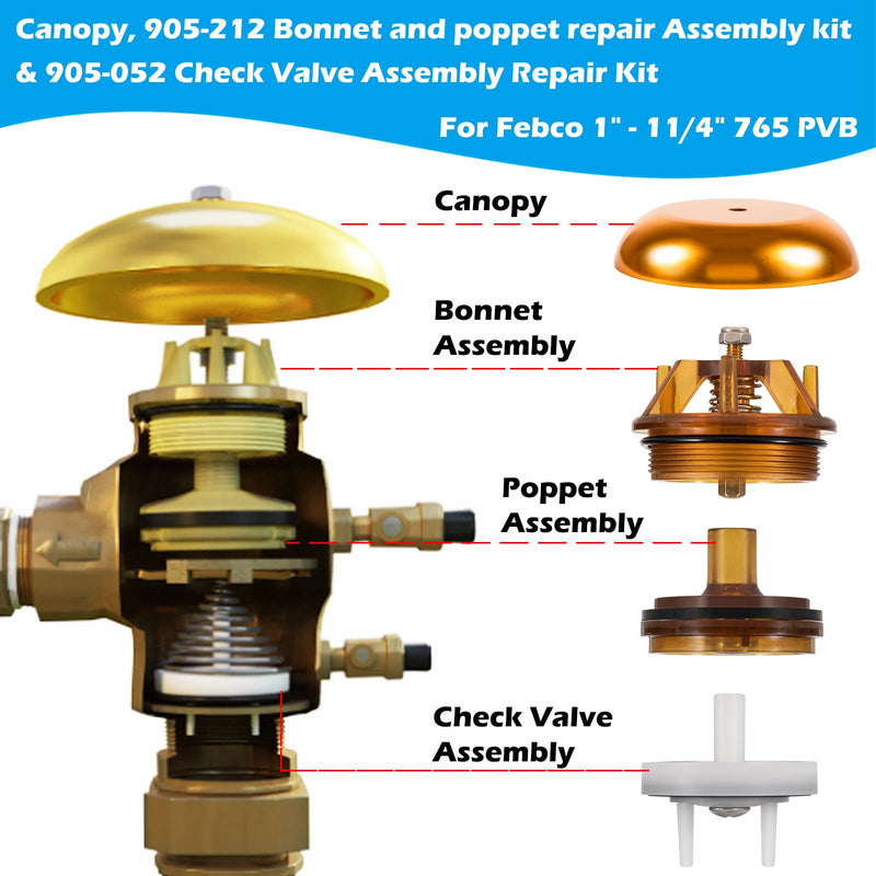  [AUSTRALIA] - 905-212 Bonnet and Poppet Repair kit & 905-052 Check Valve Assembly Repair Kit & Canopy for Febco 765EBV 1" & 1-1/4" 765 Backflow Preventer and Vacuum Breaker