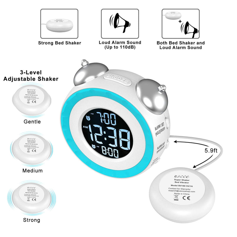 USCCE Loud Dual Alarm Clock with Bed Shaker - 0-100% Dimmer, Vibrating Alarm Clock for Heavy Sleepers or Hearing Impaired, Easy to Set, USB Charging Port, Snooze, Battery Backup (White) White - LeoForward Australia