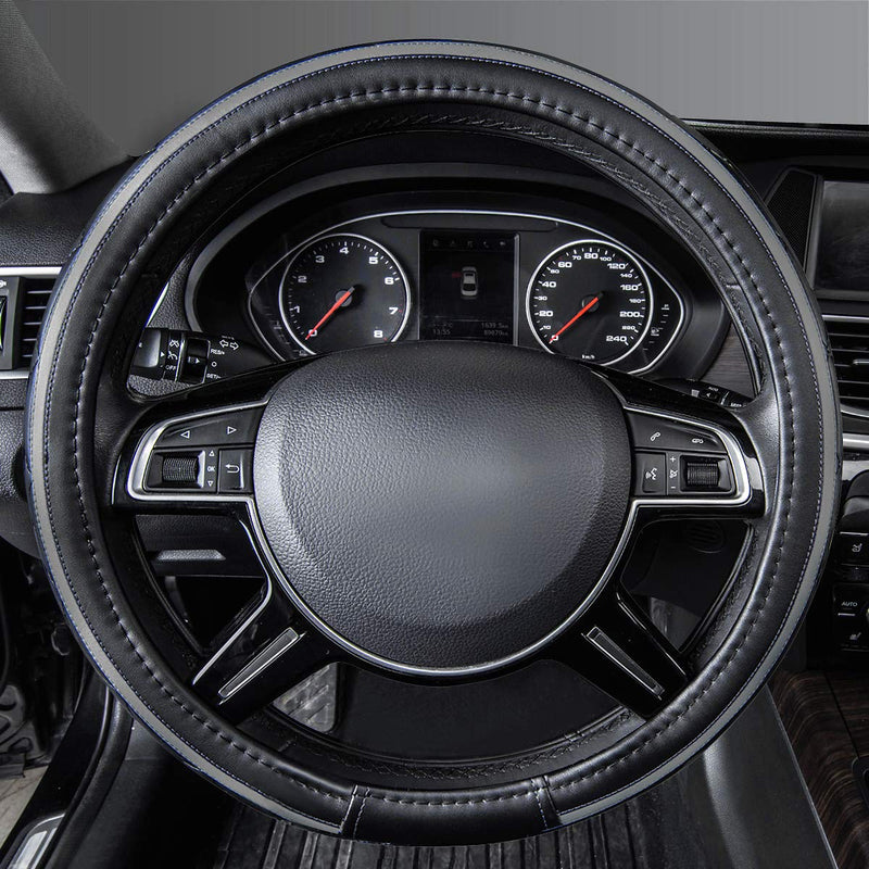  [AUSTRALIA] - CAR PASS Sporty Quilting Leather Universal Fit Steering Wheel Cover,Fit For Suvs,Vans,Sedans,Trucks(Black And Gray) Black And Gray
