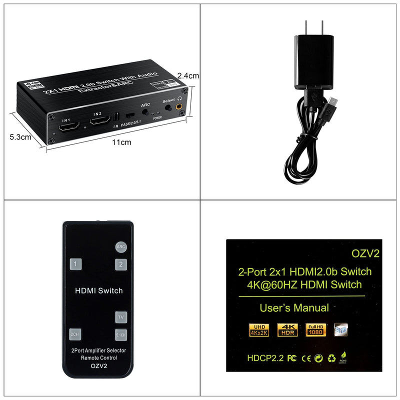  [AUSTRALIA] - avedio links HDMI Switch Audio Extractor, HDMI Switch Splitter 2 Inputs 1 Output with Remote 4K@60hz, 2-Port HDMI2.0b Switcher Box with Optical Toslink SPDIF+Coaxial+Analog RCA Stereo Audio Out