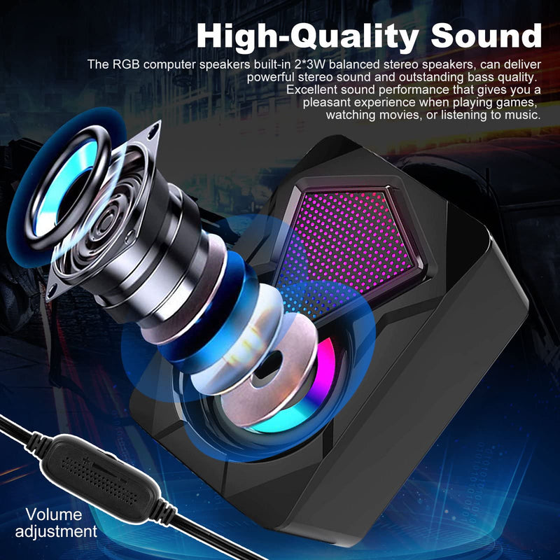  [AUSTRALIA] - Atrasee RGB Computer Speakers for Desktop, Stereo 2.0 USB-Powered PC Gaming Speakers with Surround Bass, 7 Colors LED Lights, 3.5mm Aux Wired for Laptop Desktop Projector Monitor TV Tablets X2